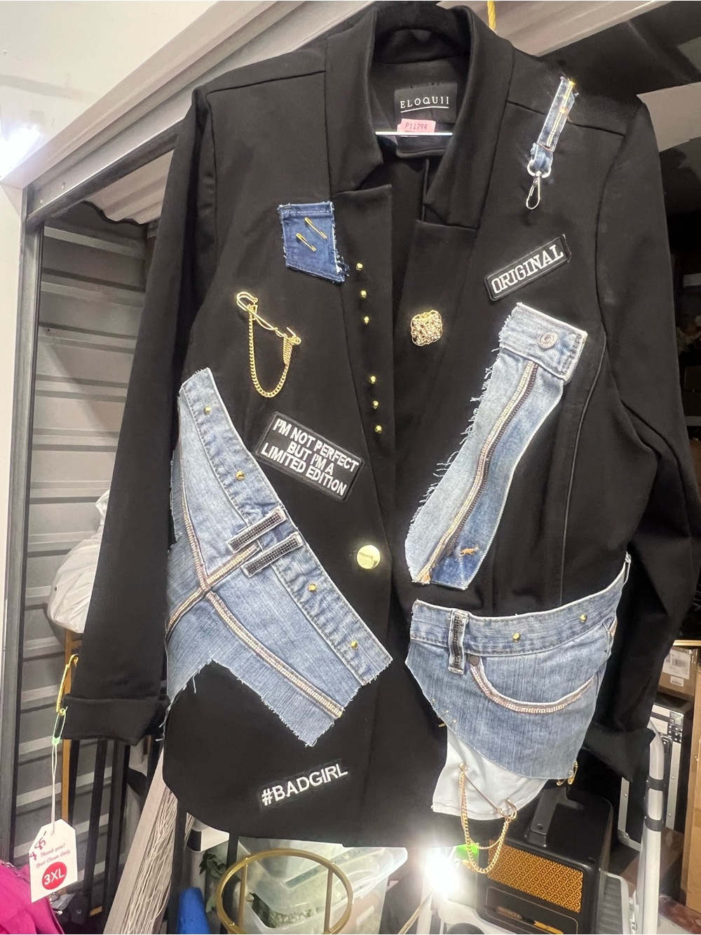 Custom made Black Blazer with Denim Patchwork & Gold Accents